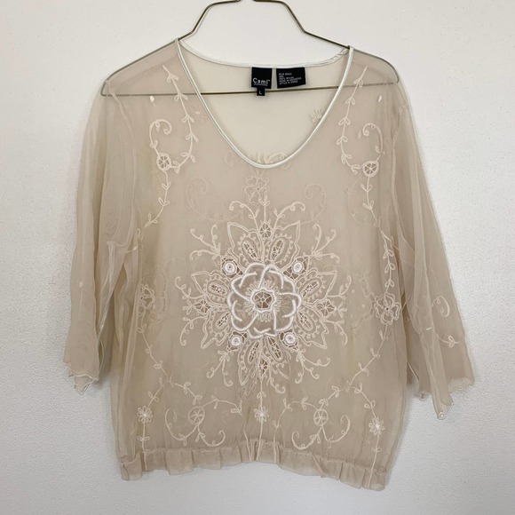 Cami International Tops Vtg Y2k Cami Cream Sheer Floral Embroidered Swim Cover Blouse Size